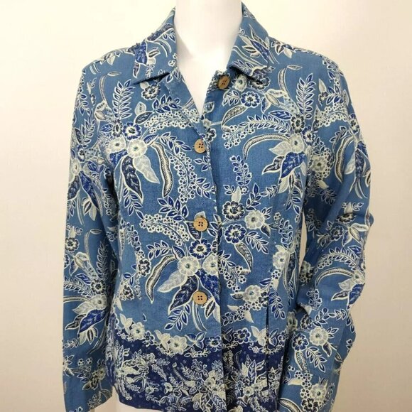 Coldwater Creek Linen Blend Beaded Jacket Size Petite XS Blue Floral Beachy Boho - Picture 1 of 10